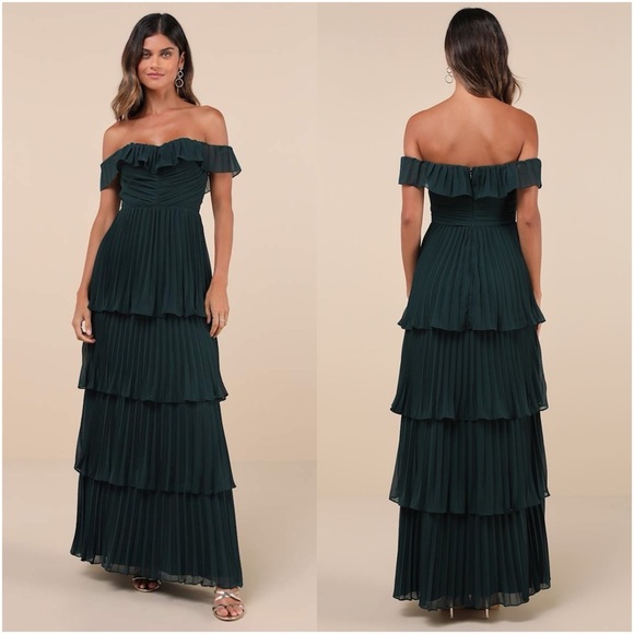 Lulus Dresses & Skirts - LULU'S Always Remarkable Emerald
Pleated Off The Shoulder Maxi
Dress